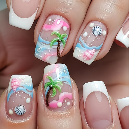 [24 Medium Square-Shaped Nails] 24 Medium Square-Shaped Nails Featuring a Summer Ocean Theme with a Minimalist White French Tip, 3D Embossed Designs of Waves, Shells, And Coconut Trees, Fully Covered And Press-On, Suitable for Women to Wear on a Daily Basis, During Vacations