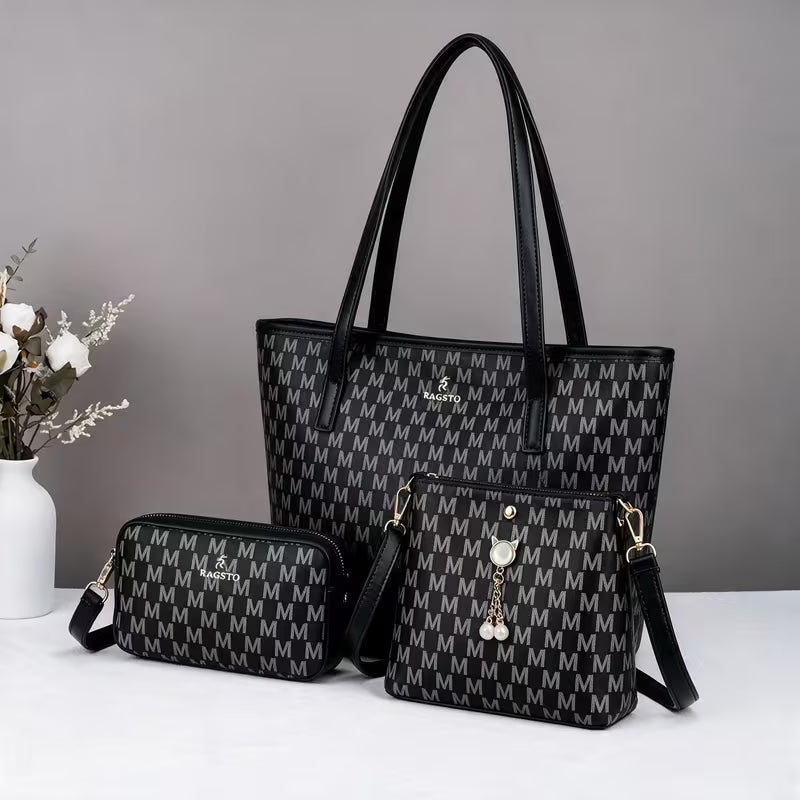 Women's printed handbag set, large capacity tote bag + crossbody bag + small bag, with letter decoration design — view 10