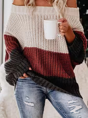 Women'S Color-Blocked Boat Neck Loose Fit Pullover Sweater, Women'S Autumn And Winter Sweater | Elegant Vintage — view 7