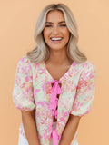 PRETTY BASH Floral Ribbon Tie Front Puff Sleeve Blouse