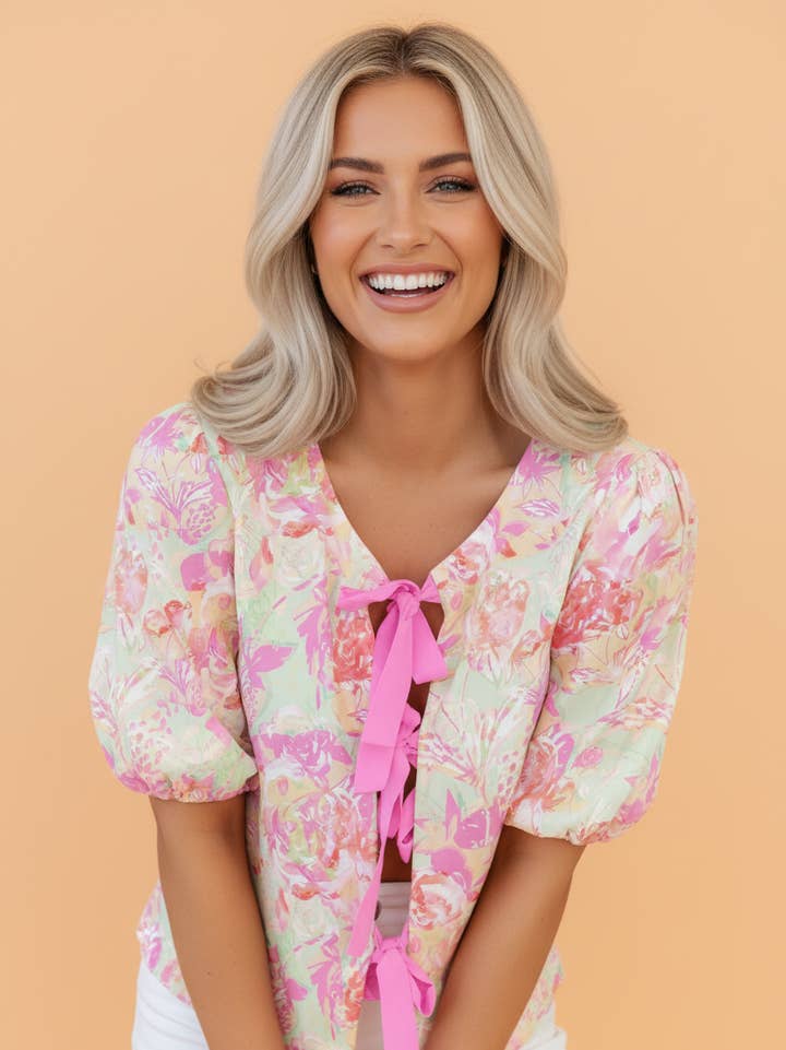 PRETTY BASH Floral Ribbon Tie Front Puff Sleeve Blouse