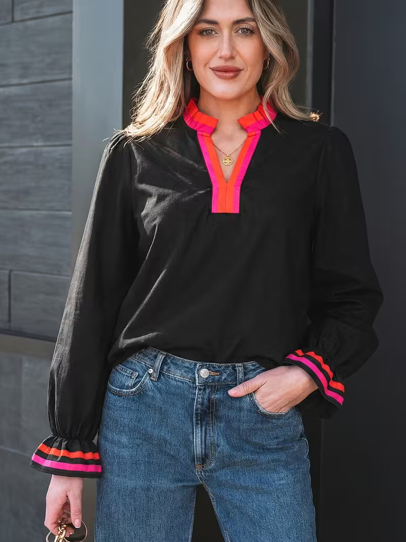 Women's Red And Rose Red Color-Blocked Ruffled Neckline Blouse, Ribbon Cuffs, Ruffled Cuffs, V-Neck Pullover — view 6