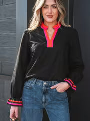 Women's Red And Rose Red Color-Blocked Ruffled Neckline Blouse, Ribbon Cuffs, Ruffled Cuffs, V-Neck Pullover — view 5