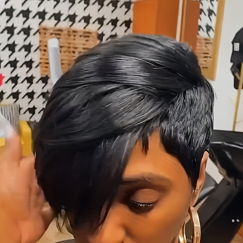 Women' Short Pixie Cut Wig with Bangs - Virgin Hair Straight Black Wig Suitable for Skin Tones, Breathable Elastic Mesh Cap, Layered Density for Daily Wear & Parties, Comfortable Wig for Parties and Everyday Hairstyle