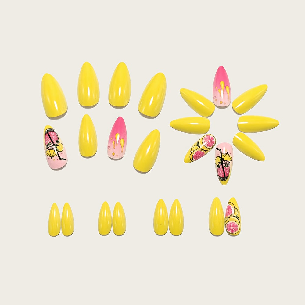 24pcs of Medium-Sized Almond-Shaped Manicure Sets. Summer Fruit Drink Theme Manicure Nail Sets. Dopamine Wearable Fake Nails. Energized And Vibrant Style Manicure. Press-On Nails. High-Gloss Manicure Stickers. Detachable Nail Stickers