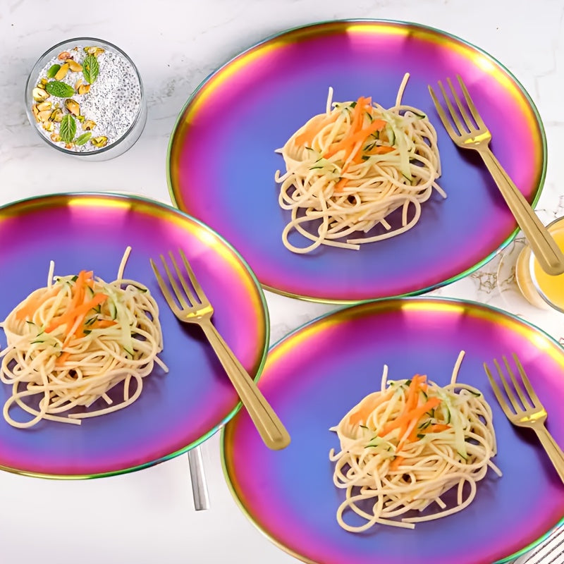 10pcs color stainless steel reusable circular color plates, 20cm/7.8 inches, perfect for picnics, weddings, outdoor camping, summer barbecue plates, steak plates, dishwasher safe