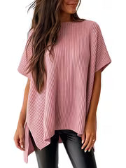 Casual Loose Solid Color Pullover Sweater, Fluffy Short Sleeve, Round Neck with Side Slit, Women'S, Single — view 4