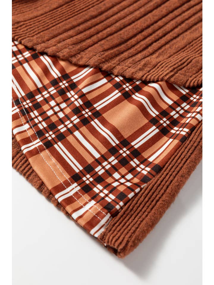 The Grand Hideaway | Plaid Patchwork Ribbed Knit Drawstring Hooded Top — view 4 of 4