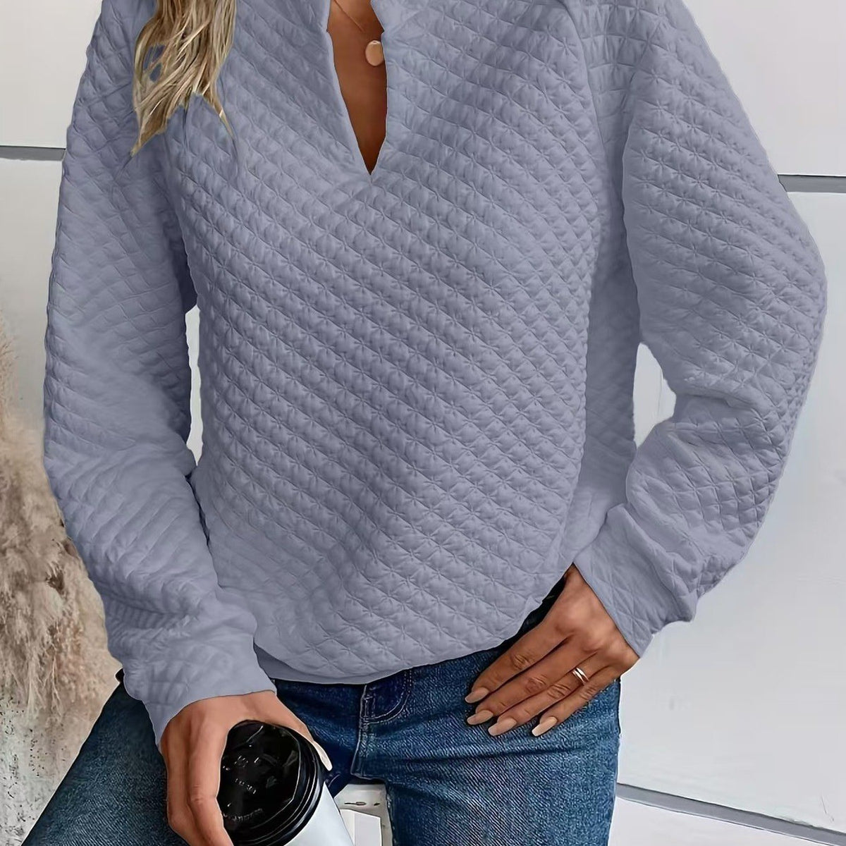 2026 Fall Women Textured Knit Top Long Sleeve Notch Neck