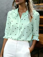 Women'S Heart Print Short Sleeve Blouse with Peter Pan Collar And Ruffled Cuffs — view 4