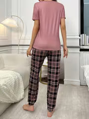[Love Print Pajama Set] Women's Casual Pajama Set, Love & Plaid Print | Short Sleeves, Long Pants & Leggings — view 3