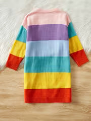Color-Block Cardigan Girly Cute Color-Block Rainbow Stripe V-Neck — view 3