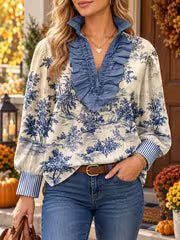 Women's French Vintage Blouse Shirt - Stand Collar V-Neck Toile De Jouy Print Lantern Sleeve Top with Ruffle — view 2