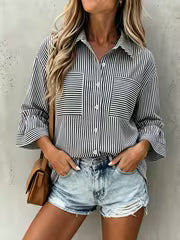 Spring/Summer Striped Commuter Shirt for Women with Ruffle Cuffs, Versatile and Elegant Daily Work Top — view 3
