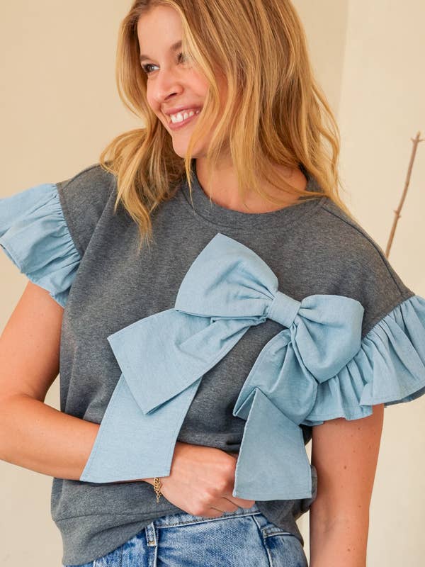 Denim French Terry Bow Flutter Sleeve Top | TR2049-01