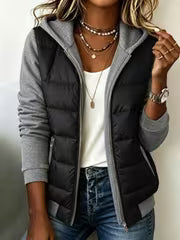 Women's Fashion Patchwork Color-Block Quilted Jacket, Long Sleeve Hooded Winter Jacket, an Essential for Autumn — view 1