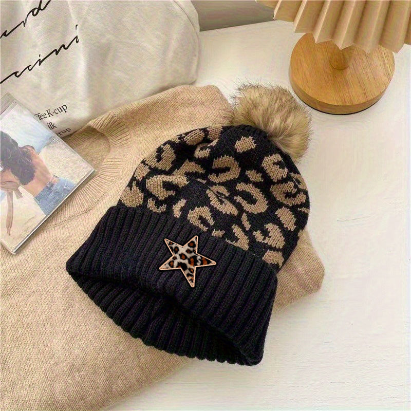 Women's Leopard Print Beanie with Faux Pom-Pom & Heart