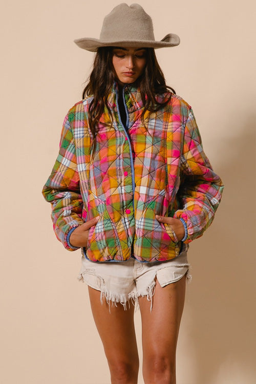 Vintage Plaid Quilted Jacket with Pockets-Orange Green and Yellow