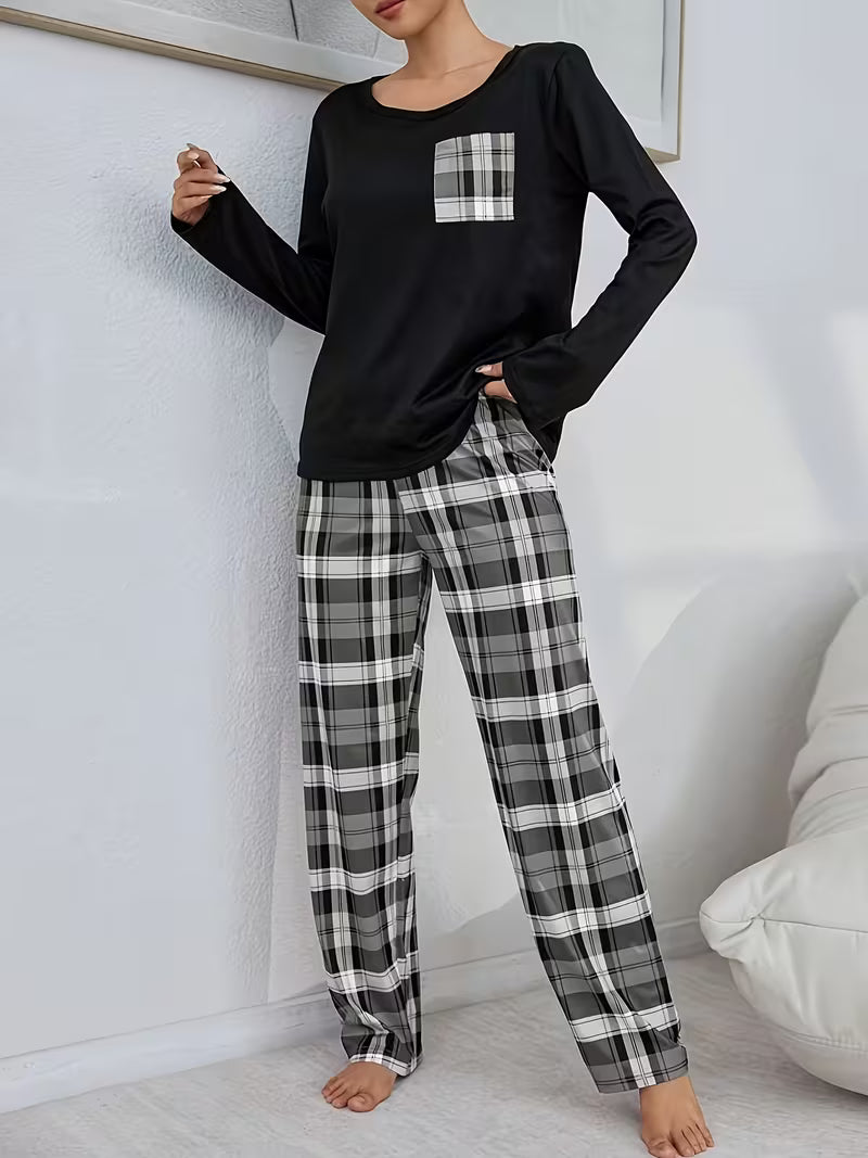 Autumn and Winter Chest Plaid Pocket Long Sleeve Top and Plaid Pants Pajama 2pcs Set — view 8