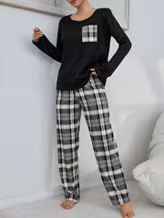 Autumn and Winter Chest Plaid Pocket Long Sleeve Top and Plaid Pants Pajama 2pcs Set — view 2