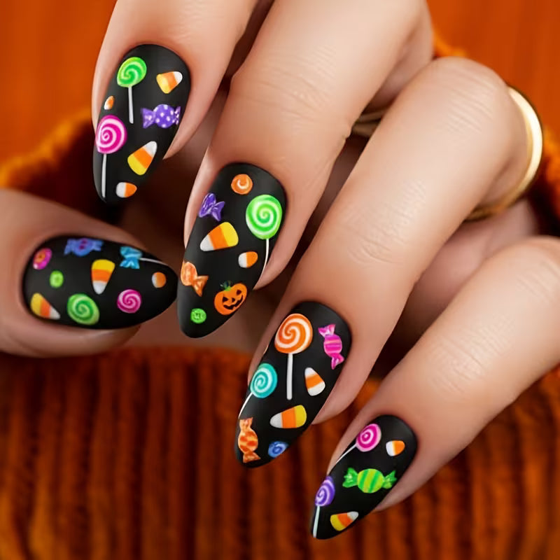 24pcs Matte Black Rainbow Candy Almond-Shaped Fake Nails, Pure Black Matte Base with Colorful Spiral Lollipop — view 6