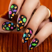24pcs Matte Black Rainbow Candy Almond-Shaped Fake Nails, Pure Black Matte Base with Colorful Spiral Lollipop — view 1