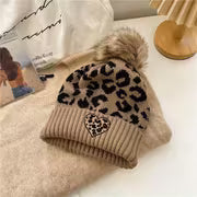 Women's Leopard Print Beanie with Faux Pom-Pom & Heart Embroidery Trim - Elastic Suitable for Daily Outdoor — view 3