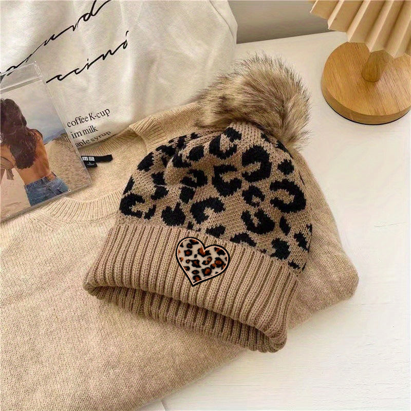 Women's Leopard Print Beanie with Faux Pom-Pom & Heart