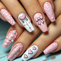 24pcs Pack Wearable Nail Plate Premium Sweet Cute Style Bow Pattern Pearl Studded Ballet Style Pattern Glossy Style Nail Finished Product, Suitable for Women And