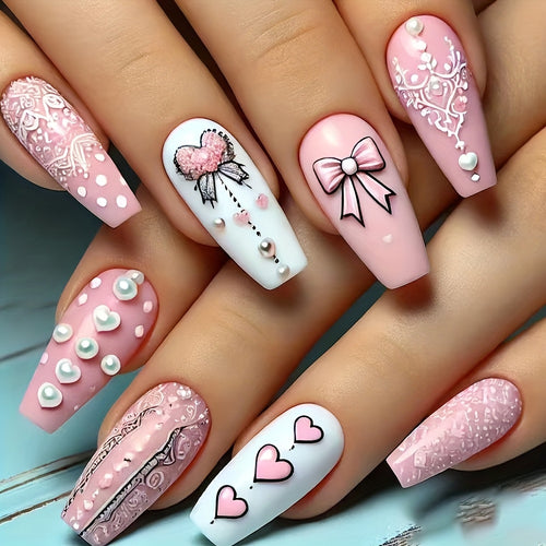 24pcs Pack Wearable Nail Plate Premium Sweet Cute Style Bow Pattern Pearl Studded Ballet Style Pattern Glossy Style Nail Finished Product, Suitable for Women And