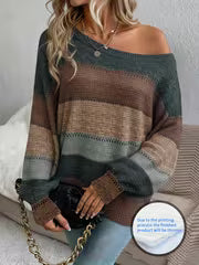 Lightweight Off-the-Shoulder Sweater, Caramel Brown Plaid One-Shoulder Top, Vintage Academic Style Rhombus — view 2