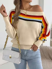Autumn And Winter Casual Vacation Women'S Sweater Rainbow Stripe Slanted Shoulder Long Sleeved Pullover — view 4