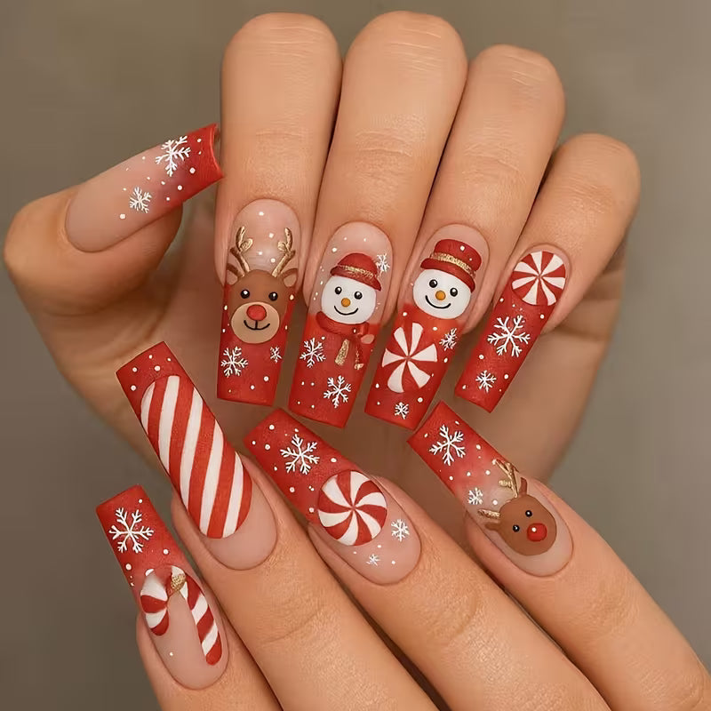 24pcs Winter Christmas Press-On Nails Suitable for Hands & Feet - Red Gradient Snowman Reindeer Snowflake Candy — view 6