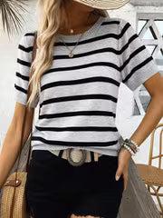 Women' Short Sleeve -Compatible Top - Round Neck Striped Stretch Suitable for Body Types, Casual & Office Wear — view 6