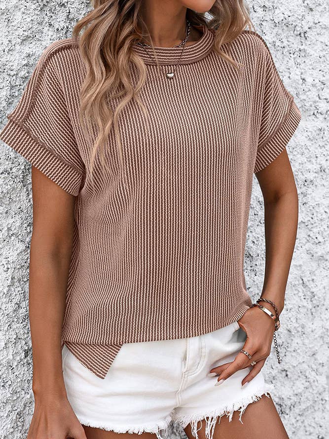 Ribbed Knitting Stitching Outside Round Neck Top MD121