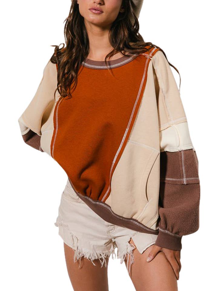 Overlock Stitch Detail Color Block Cozy Pullover — view 1
