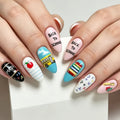 24pcs School-Themed Press-On Nails Suitable for Back-to-School, Almond Shape Medium-Length Fake Nails with Pencil & Book Designs, Reusable Detachable Tips for Teachers - Easy Application for Parties, Vacations
