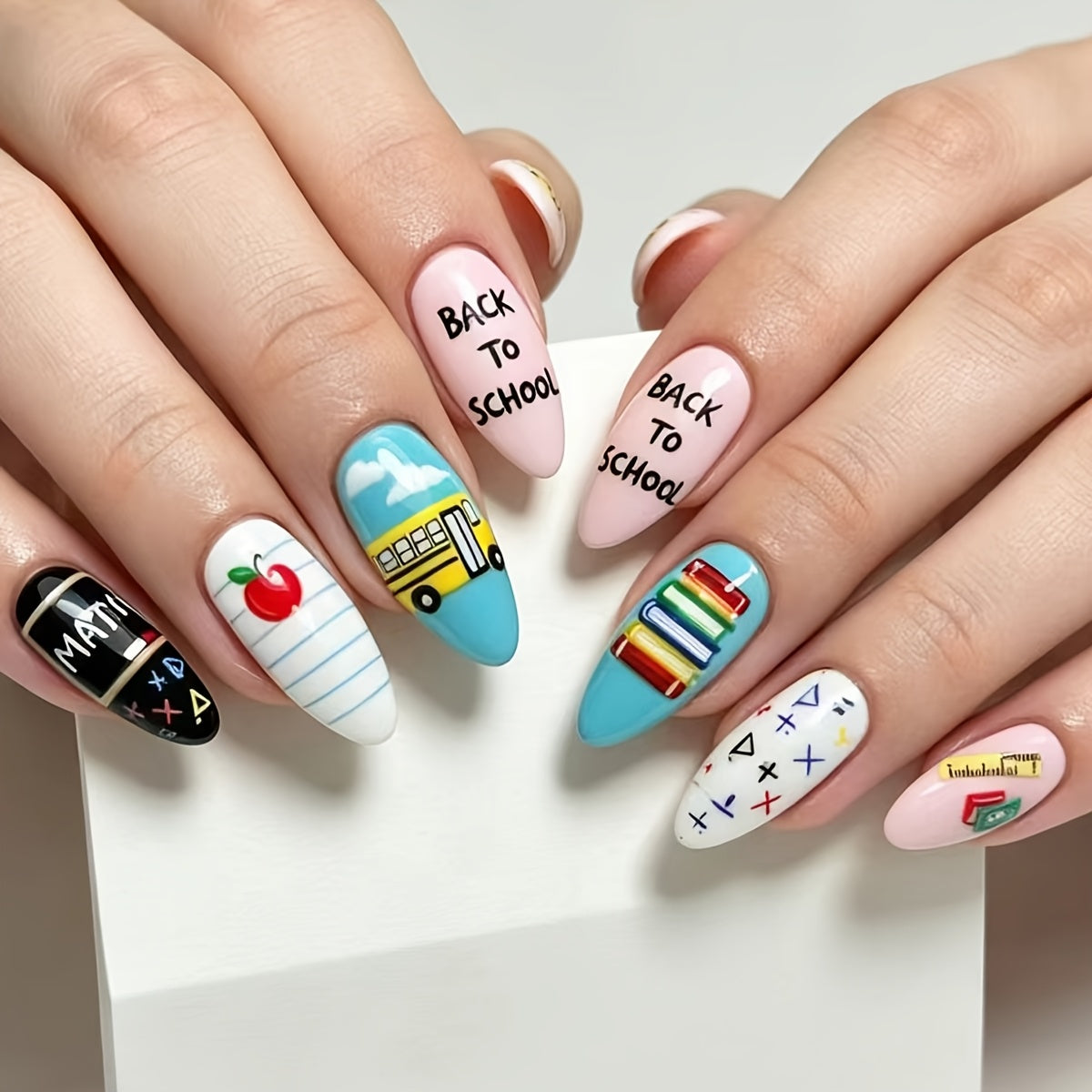 24pcs School-Themed Press-On Nails Suitable for Back-to-School, Almond Shape Medium-Length Fake Nails with Pencil & Book Designs, Reusable Detachable Tips for Teachers - Easy Application for Parties, Vacations