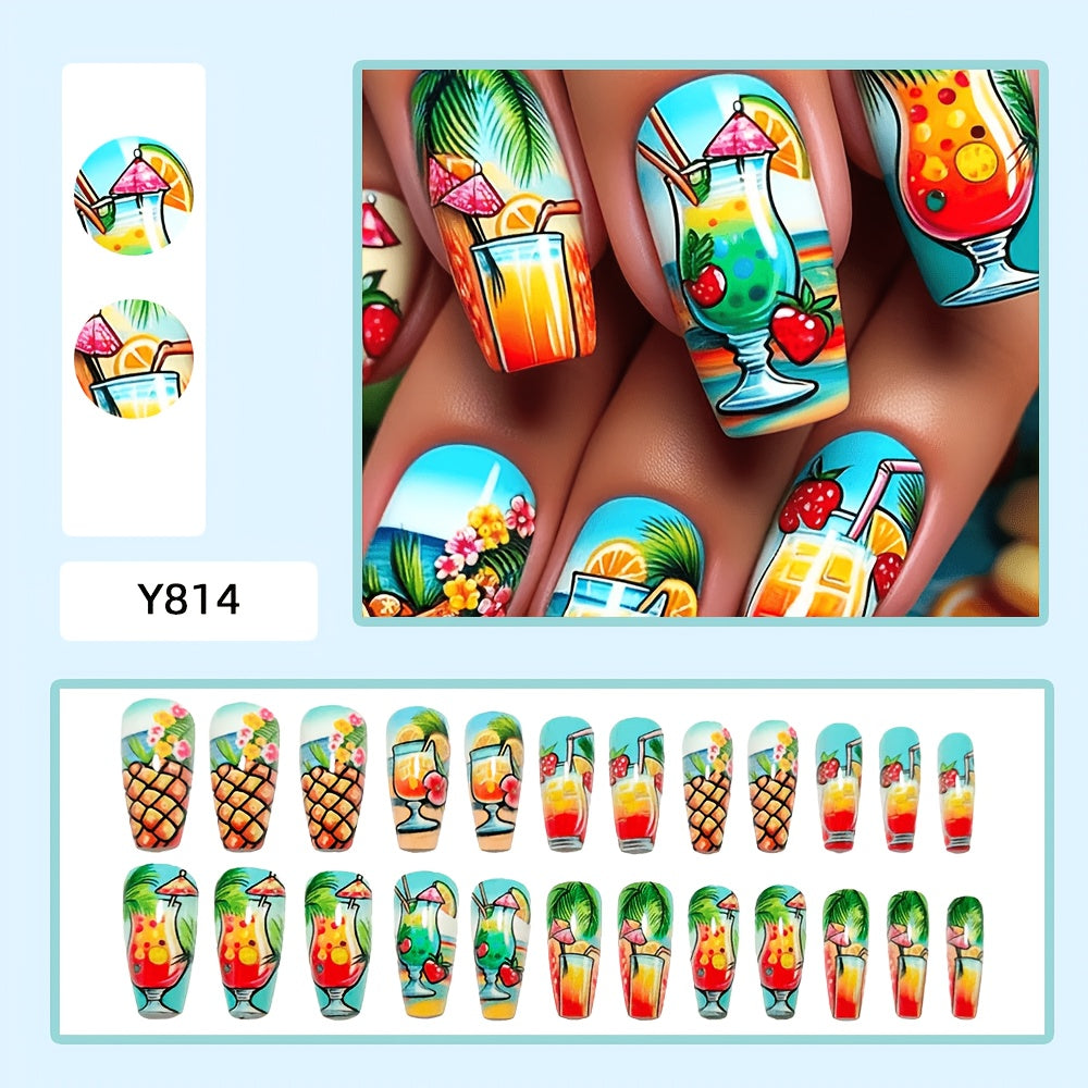 Upgrade Your Look: Long Ballet-Style Artificial Nails, Tropical Special Drink Comic-Style Protective Covers, Unique Art Style Artificial Nails, Wearable Nail Design, Glossy Nail Stickers, Removable Artificial Nails with Press-On Nails