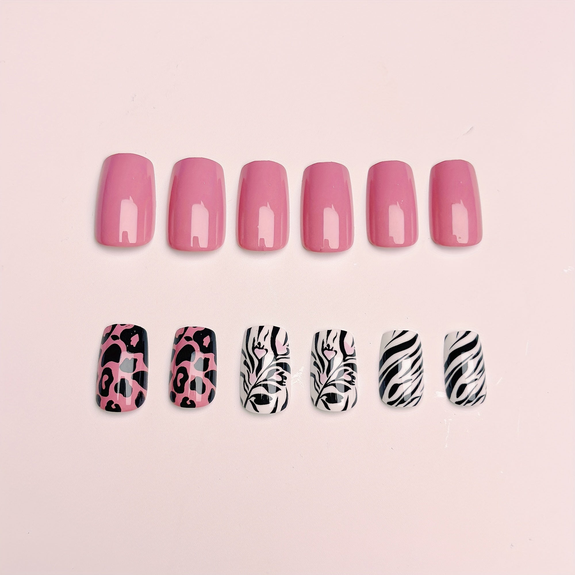 Pink Nails Medium Length Black Spotted Striped Nail Glossy False Nail Pieces Cool Leopard Print Square Heart Wearable Nails Fashion Press-On Nails Nail Stickers 24pcs with Glue False Nail Pieces