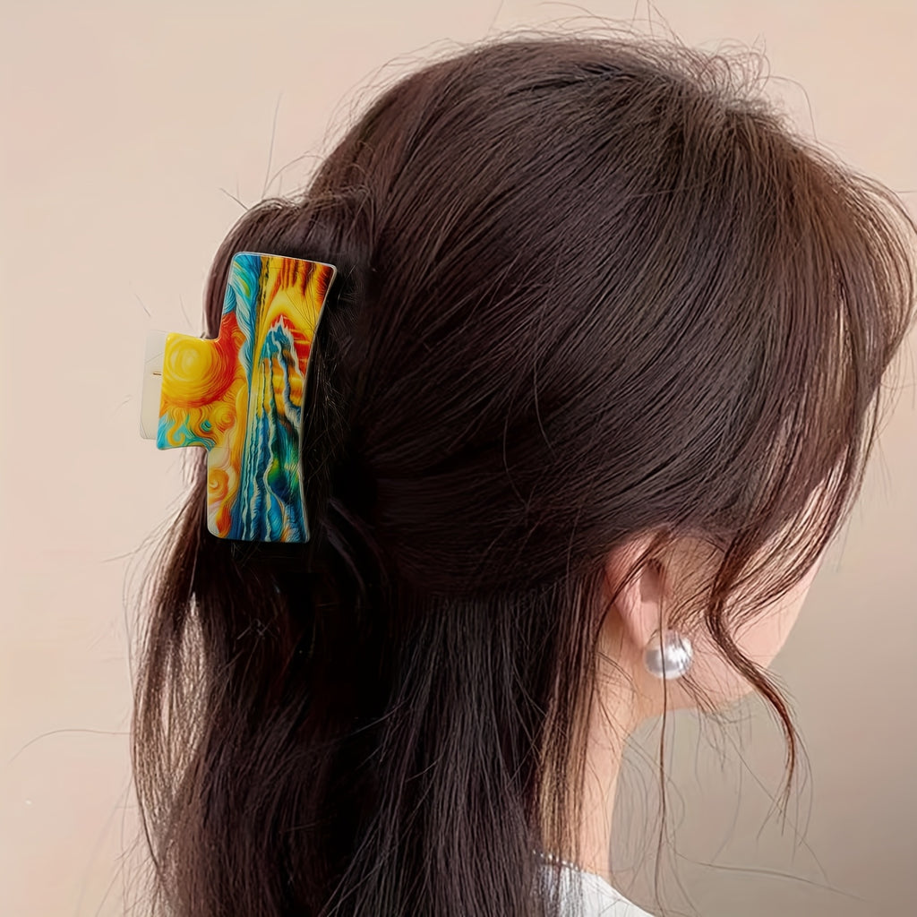 3pcs Set of Artistic And Minimalist Square Hair Claw Clips for Women with Van Gogh Oil Painting Style, Back of Head Hair Clip