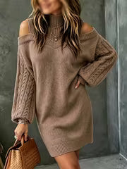 Retro Off-Shoulder High-Neck Dress, Jacquard Weave Long Sleeve Loose Casual Style Women'S Autumn Winter Sweater — view 2