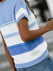 Breathable Hollow-Out T-Shirt - Loose Fit Short Sleeve Round Neck -Compatible Top | Color-Block Striped Suitable — view 4