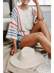 Women's Lightweight Comfy Cable Pullover Sweater - Color Block Striped Boho Chic Off-Shoulder/Boat Neck, Soft — view 2