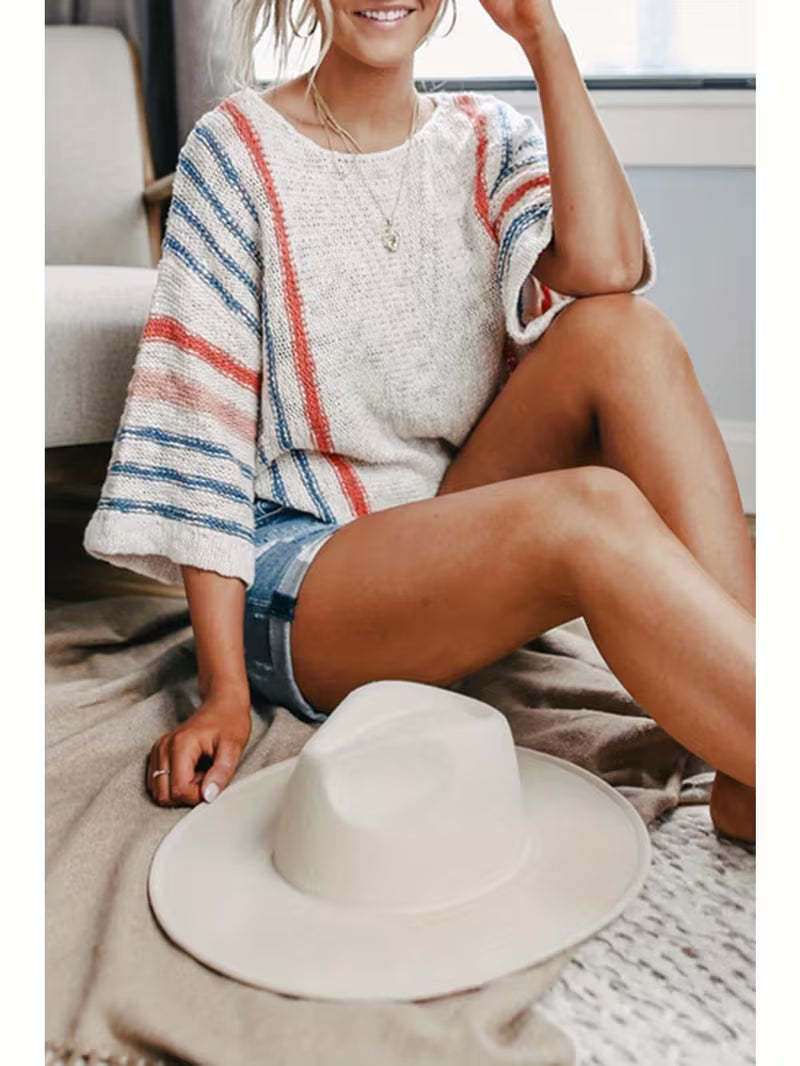 Women's Lightweight Comfy Cable Pullover Sweater - Color Block Striped Boho Chic Off-Shoulder/Boat Neck, Soft — view 7