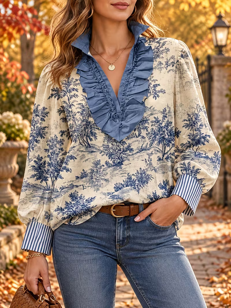 Women's French Vintage Blouse Shirt - Stand Collar V-Neck Toile De Jouy Print Lantern Sleeve Top with Ruffle — view 4