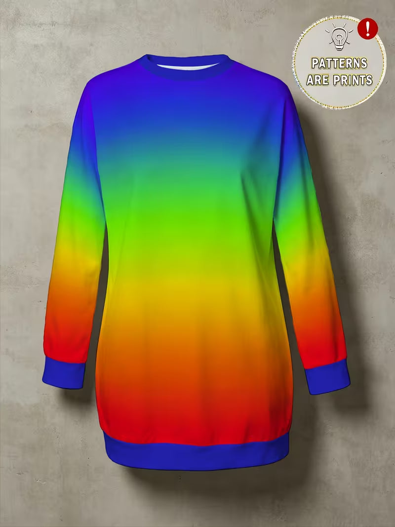 Rainbow Gradient Print Long Sleeve Sweatshirt for Women, 2026 Autumn Crew Neck Mid-Length Sweatshirt — view 6