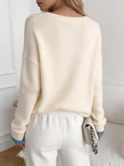 LOBURIY Women's Rainbow Color-Block Sweater - Collegiate Round-Neck Pullover with Blue Cuff Trim, Fall Shoulder — view 5