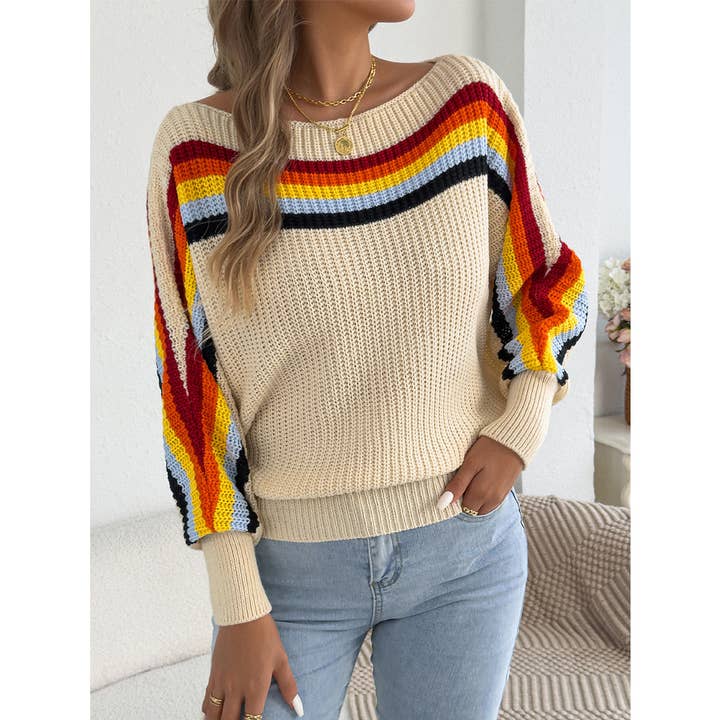 Rainbow Striped Off-Shoulder Lantern Sleeve Sweater BJS351