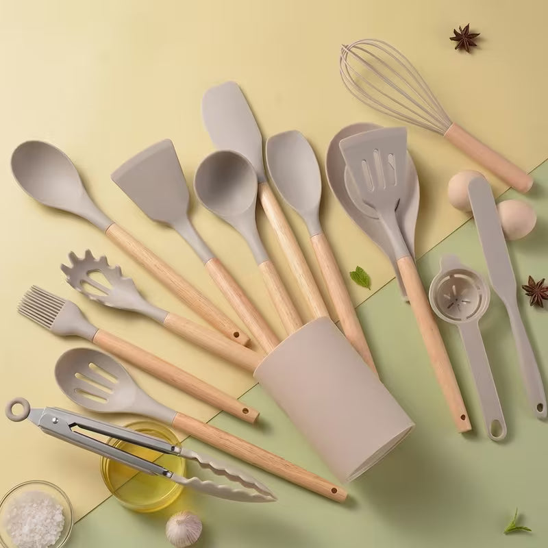 15pcs Silicone Utensil Set - Non-Stick Cooking Utensils with Wooden Handle & Storage Bucket - Apartment & Dorm — view 11